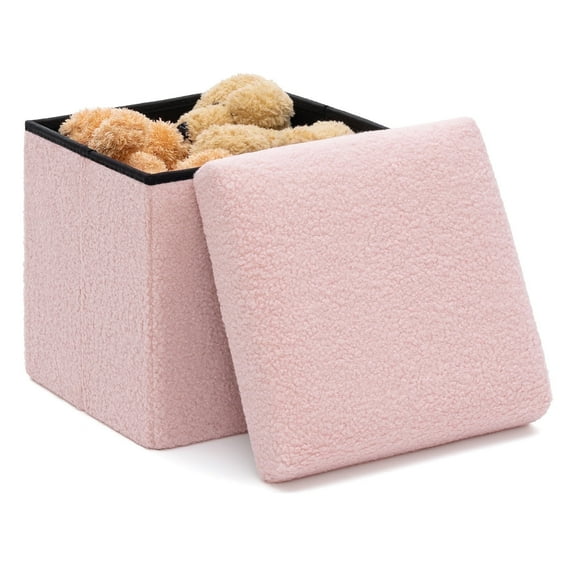 Lusimo Boucle Small ottoman with storage for living room, 12" Folding storage bench Foot Rest, End of Bed Bench for Bedroom Entryway, Faux Shearling Fabric Cube Seat Pink