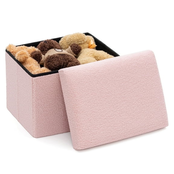 Lusimo Boucle Small ottoman with storage for living room, 16" Folding storage bench Foot Rest, End of Bed Bench for Bedroom Entryway, Faux Shearling Fabric Cube Seat Pink