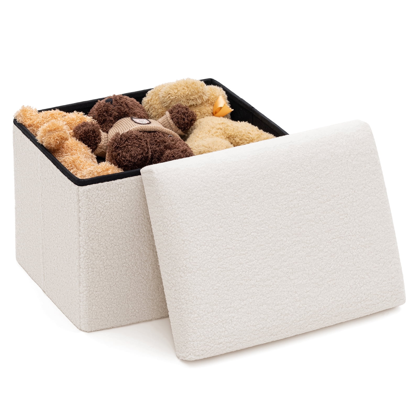 Lusimo Boucle Small ottoman with storage for living room, 16" Folding storage bench Foot Rest, End of Bed Bench for Bedroom Entryway, Faux Shearling Fabric Cube Seat White