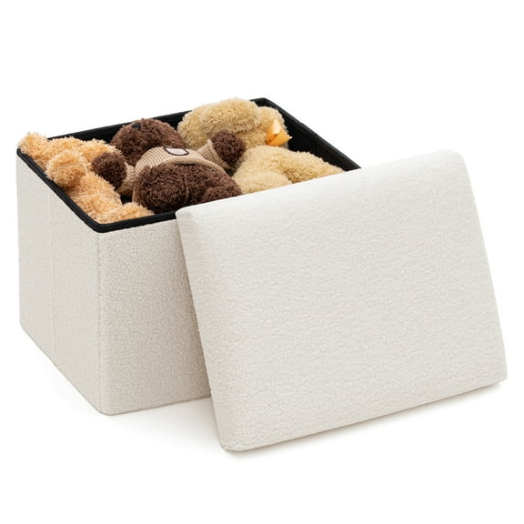 Lusimo Boucle Small ottoman with storage for living room, 16" Folding storage bench Foot Rest, End of Bed Bench for Bedroom Entryway, Faux Shearling Fabric Cube Seat White