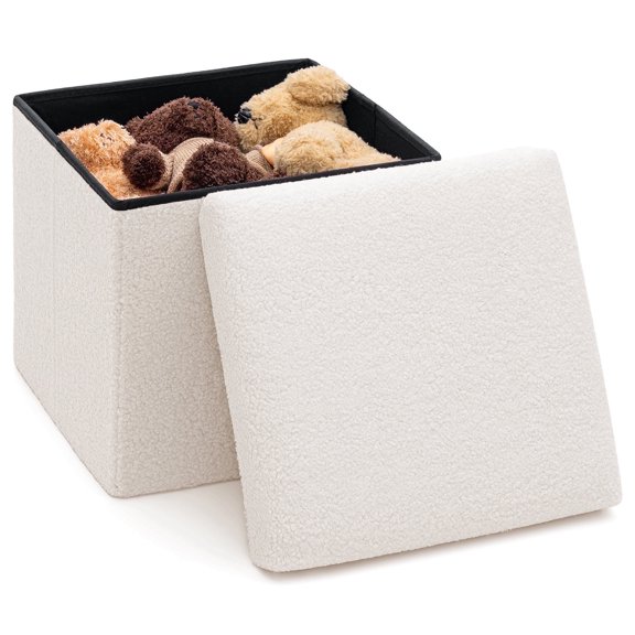 Lusimo Boucle Small ottoman with storage for living room, 15" Folding storage bench Foot Rest, End of Bed Bench for Bedroom Entryway, Faux Shearling Fabric Cube Seat White