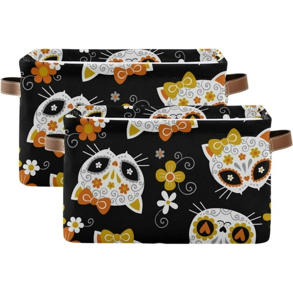 Large Foldable Storage Bin Cat Sugar Skulls Flowers Fabric Storage Baskets Collapsible Decorative Baskets Organizing Basket Bin with PU Handles for Shelves Home Closet-2Pack Decor Gifts