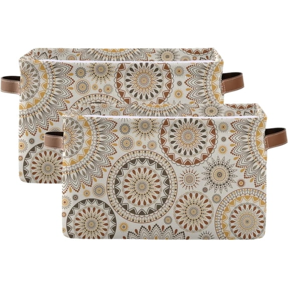 Large Foldable Storage Bin Eastern Style Mandala Fabric Storage Baskets Collapsible Decorative Baskets Organizing Basket Bin with PU Handles for Shelves Home Closet Living Room-2Pack Decor Gifts