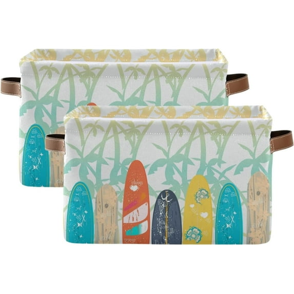 Large Foldable Storage Bin Palm Trees Surf Boards Fabric Storage Baskets Collapsible Decorative Baskets Organizing Basket Bin with PU Handles for Shelves Home Closet Living Room-2Pack Decor Gifts