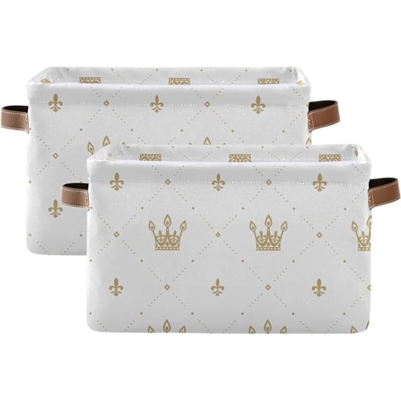 Large Foldable Storage Bin Retro Gold Crown Fleur De Lis Fabric Storage Baskets Collapsible Decorative Baskets Organizing Basket Bin with PU Handles for Shelves Home Closet-2Pack Decor Gifts