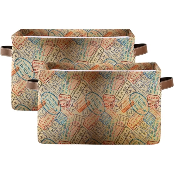 Large Foldable Storage Bin Travel Visa Stamps Imprints Fabric Storage Baskets Collapsible Decorative Baskets Organizing Basket Bin with PU Handles for Shelves Home Closet-2Pack Decor Gifts