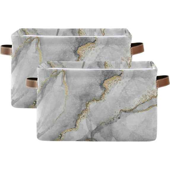 Large Foldable Storage Bin White Marble with Gold Veins Fabric Storage Baskets Collapsible Decorative Baskets Organizing Basket Bin with PU Handles for Shelves Home Closet-2Pack Decor Gifts