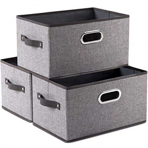 Large Foldable Storage Bins for Shelves [3-pack] Decorative Linen Fabric Storage Baskets Cubes with Leather/Metal Handles for Closet Nursery Office Grey and Black Trim 14.9x9.8x8.3 Inch