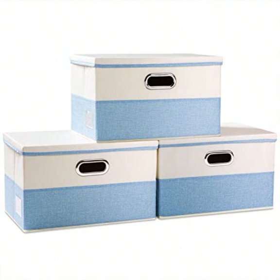 Large Foldable Storage Boxes with Lids [3-Pack] Fabric Collapsible Storage Bins Organizer Containers Baskets Cube with Cover for Home Bedroom Closet Office Nursery BlueandCream 17.7x11.8x11.8