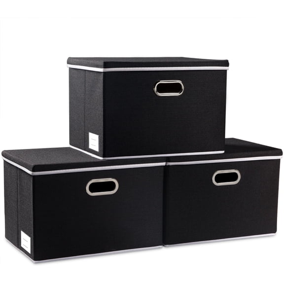 Large Foldable Storage Boxes with Lids [3-Pack] Fabric Collapsible Storage Bins Organizer Containers Baskets Cube with Cover for Home Bedroom Closet Office Nursery Black(17.7x11.8x11.8)