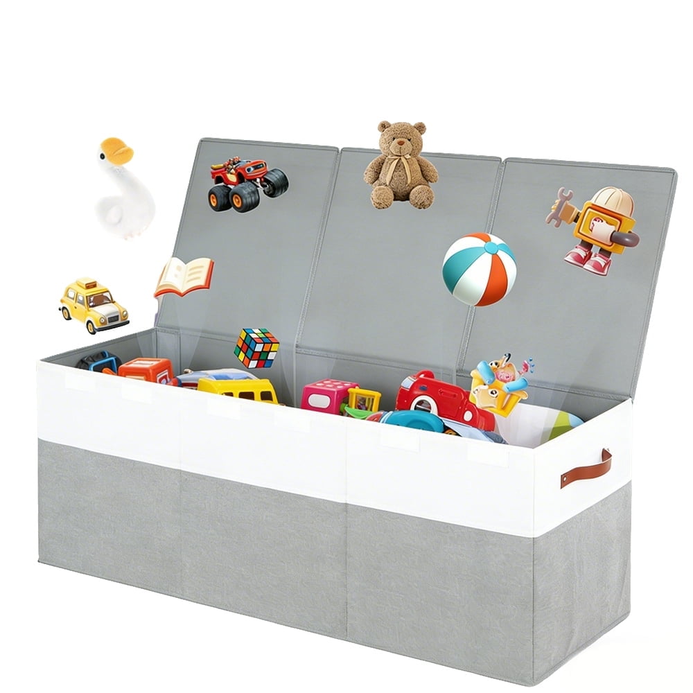 Large Foldable Toy Storage Bin 96x36x40cm - Collapsible Organizer Box with Lid, White & Gray Multi-Purpose Home Storage for Toys, Clothes, Blankets