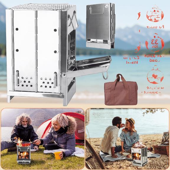 Large Foldable Wood Camp Stove with Grill Grate and Carry Bag for Outdoor Cooking Hiking Picnic
