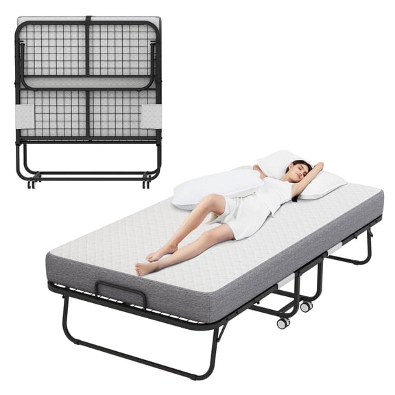 Large Folding Bed with Mattress, 75" x 46" Roll Away Bed for Adults, Hospital Bed Portable Foldable Extra Bed for Adults, Space-Saving Fold up Bed