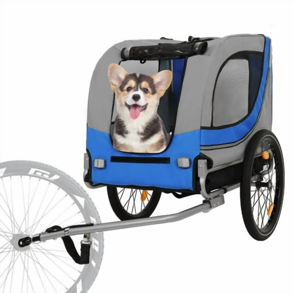 Large Folding Bike Trailer for Dogs 100LB Capacity All-Terrain Pet Carrier, Durable Steel Frame for Cycling Jogging Camping Outdoor Adventures, Grey + Blue