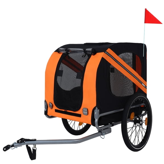 Large Folding Bike Trailer for Dogs, 120LB Capacity All-Terrain Pet Carrier with Steel Frame, Universal Bike Hitch, Black-Orange for Cycling, Jogging & Camping