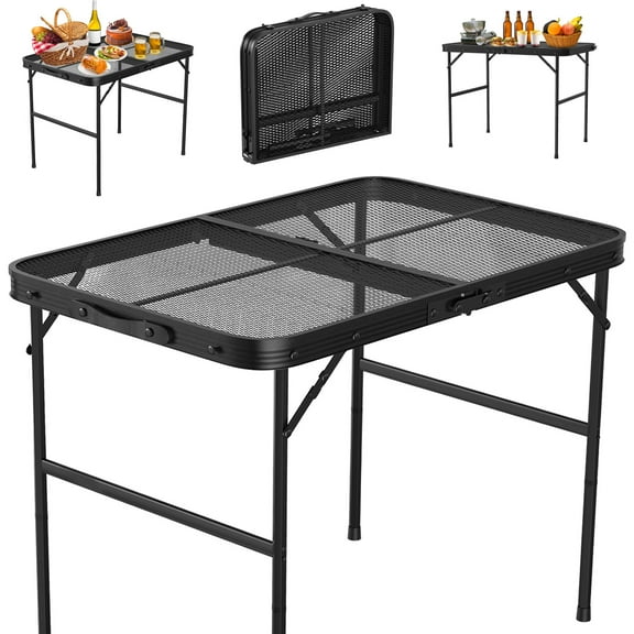 Large Folding Camping Table 36" Height Adjustable Grill Table with Mesh Desktop Anti-Slip Feet Lightweight Portable Aluminum Alloy Table for Outdoor Camping Picnic RV BBQ