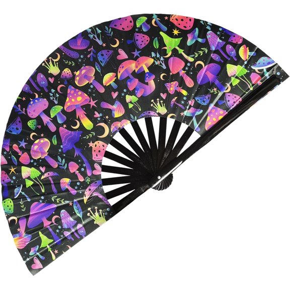 Large Folding Hand  Fan,Popping Fan for Line Dancing,Decorative Folding Hand Fans for  Festivals,Carnival,Rainbow Outfits,Disco,Neon, Glow Party Decorations Supplies. (Mushroom 2)