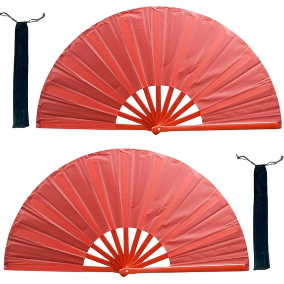 Large Folding Hand Fans: 2 Pack Premium Fabrics Folding Handheld Fan, Rave Fan with Thickened Plastic Frame, for Men and Women Performance, Dance, Decorations, Festival, Gift (Red 1)