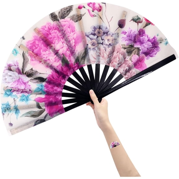 Large Folding Hand Rave Fan Popping Fan for Line Dancing Clacking Fans for Boots On The Ground Dance,Party,Decoration,Festival (Peony Flower)