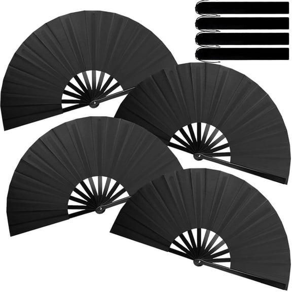 Large Folding Hand Silk Fans,Clack Fans, Chinese Handheld Tai Ji Fan for Men and Women, Festival, Line Dance, Kungfu, Martial Art, Gift(Black,4 Packs)