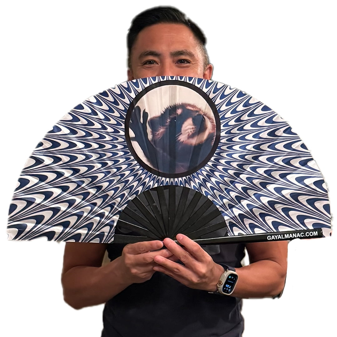 Large Folding Rave Fan, 13" High Quality Bamboo Clack Fan, for Festivals and Gay Parties (Pedro Racoon)