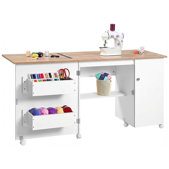 Large Folding Sewing Table, 63" x 19" x 29.5" Multipurpose Portable Craft Station & Side Desk with Compact Design, Caster Wheels, Storage Shelves, 2 Storage Trays