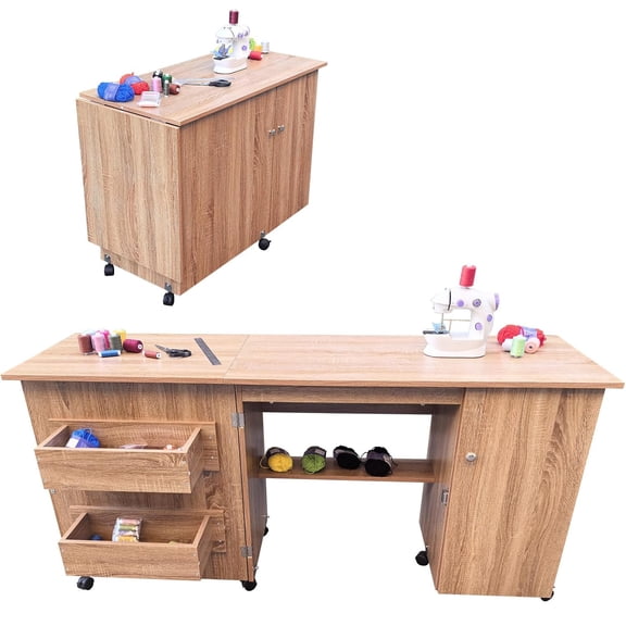 Large Folding Sewing Table 63W, Sewing Machine Table with Storage Shelves & Lockable Wheels, Multipurpose Craft Station for Small Spaces