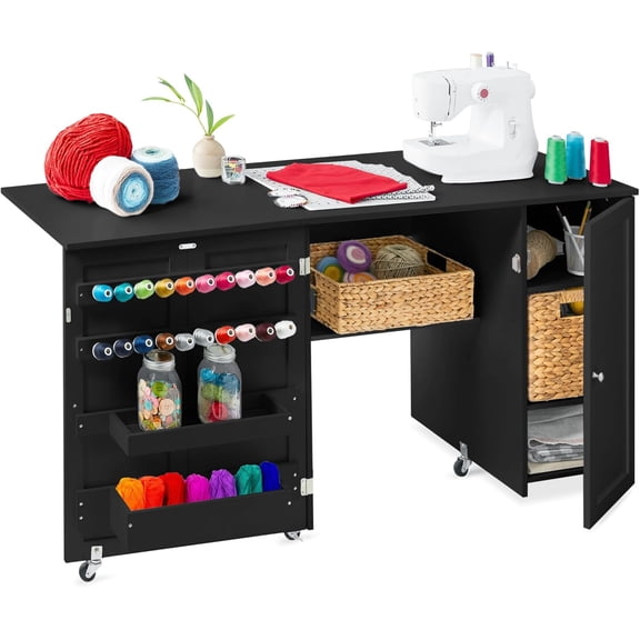 Large Folding Sewing Table, Multipurpose Portable Craft Station & Side Desk w/Compact Design, Caster Wheels, Storage Shelves, 2 Storage Trays, Magnetic Doors - Black