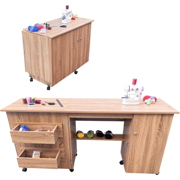 Large Folding Sewing Table, Sewing Machine Table with Storage Shelves, Rolling Side Desk with Compact Design, Multipurpose Craft Station with Lockable Wheels for Home, Bedroom, Small Spaces
