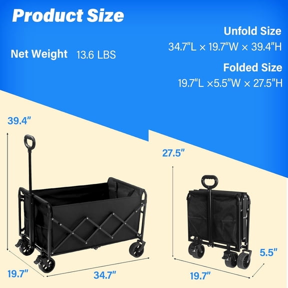 Large Folding Wagon Cart Heavy Duty, Collapsible Utility Wagon with Adjustable Handle for Camping Beach