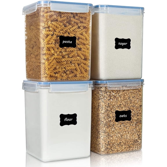 Large Food Storage Containers 5.2L / 175oz, 4 Pieces Plastic Airtight Canisters for Flour, Sugar, Baking Supplies, Rice with Lids, 4 Measuring Cups and 24 Labels, Blue