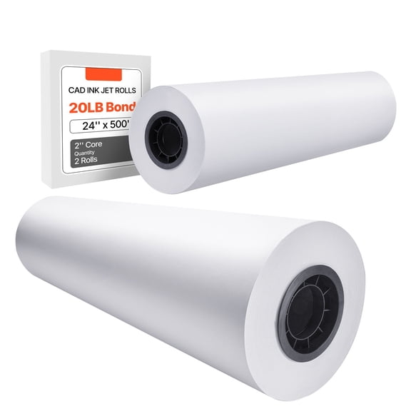 Large Format Plotter Paper, 24x500 ft, 2 Rolls CAD Bond Paper, 20 lb, for Engineering Drawings, Architectural Plans, and GIS Mapping