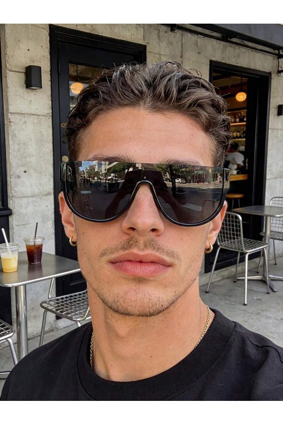 Large Frame UV Protection Sunglasses, Plastic Black Lens Shield Style for Men and Women