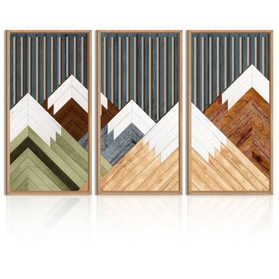 Large Framed 3D Mountain Wall Art Set of 3, Abstract Geometry Forest Art Decor, Wooden Mountains Sculpture with Natural Frame, Easy Hook Installation for Bedroom, Living Room, Cabin, Cafe & Office De
