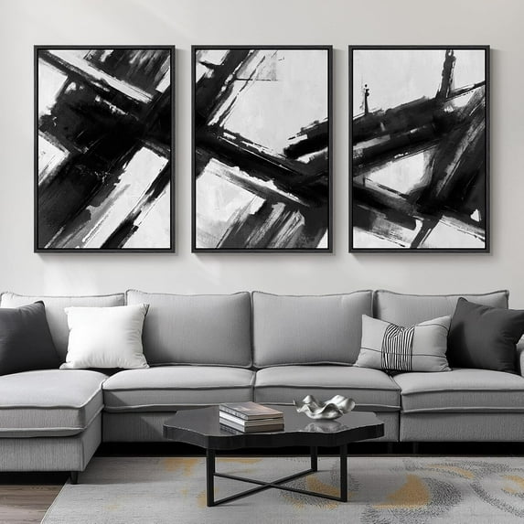 Large Framed Black and White Abstract Canvas Wall Art for Living Room, 3 Piece Modern Prints Paintings Artwork for Walls, Minimalist Abstract Brushstroke Pictures for Hallway Dining Office Wall Decor