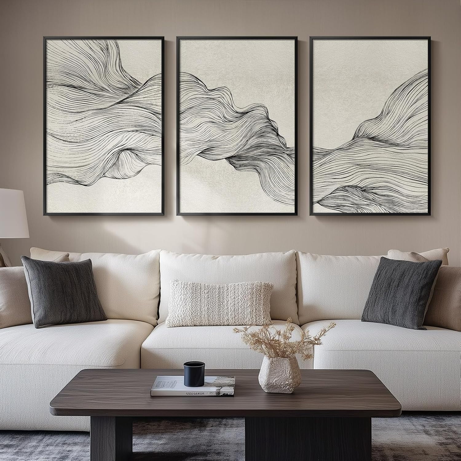 Large Framed Black and White Abstract Wall Art for Living Room, 3 Piece ...