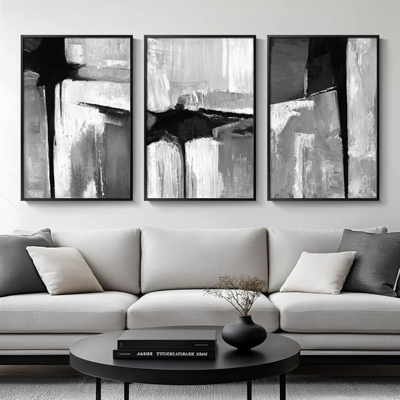 Large Framed Black and White Gray Abstract Wall Art for Living Room, 3 Piece Modern Canvas Prints Paintings Artwork for Walls, Grey Abstract Pictures for Hallway Office Wall Decor 24x36 In