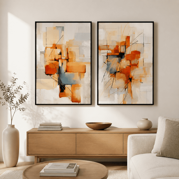 Large Framed Blue Orange Block Abstract Wall Art For Living Room 24x36 ...