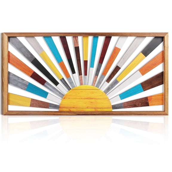 HPNIUB Large Framed Boho Sun Wooden Wall Art Modern Sunrise Rainbow Hollow Decor Set of 3 for Living Room Bedroom Office 16x32 Inch