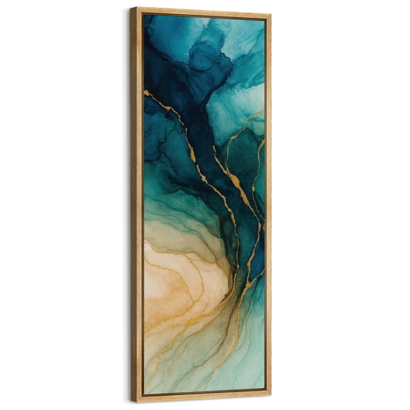 Large Framed Canvas Art Abstract Dark Blue Waves Print for Modern Living Room Bedroom Wall Decor - 60"x20" Natural Framed
