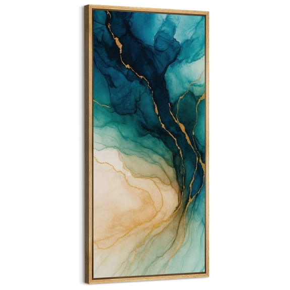 Large Framed Canvas Art Abstract Dark Blue Waves Print for Modern Living Room Bedroom Wall Decor - 60"x30" Natural Framed