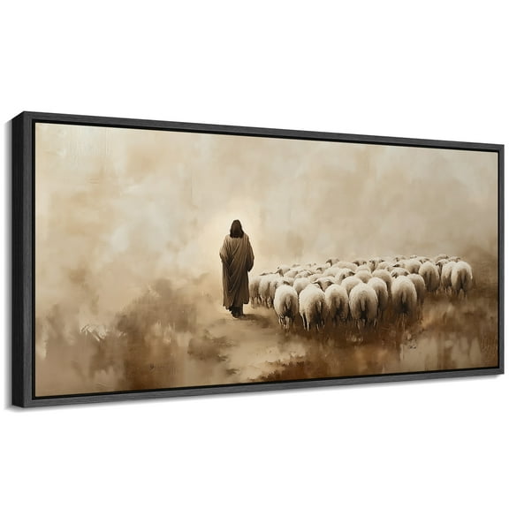 Large Framed Canvas Print The Good Shepherd Framed Canvas - Jesus Leading Sheep Spiritual Artwork Wall Art Decorative Ready to Hang Painting for Living room Bedroom - 60"x30" Black Frame