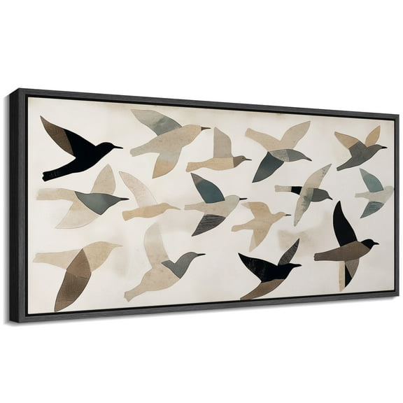 Large Framed Canvas Print Abstract Birds Group Wall Art Decorative Ready to Hang Painting for Living room Bedroom - 60"x30" Black Frame