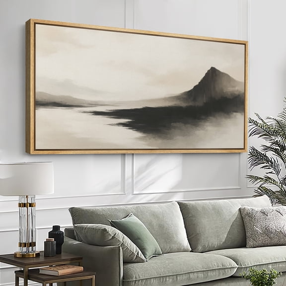 Large Framed Canvas Print Abstract Mountain Landscape Wall Art Minimalist Decorative for Living room Bedroom - 60"x30" Natural Frame