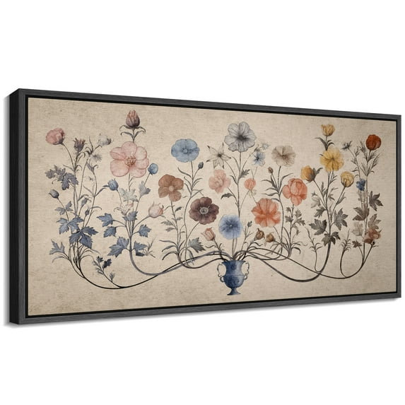 Large Framed Canvas Print Antique Botanical Illustration with Delicate BloomsWall Art Decorative Ready to Hang Painting for Living room Bedroom 60x30 inches Black Frame
