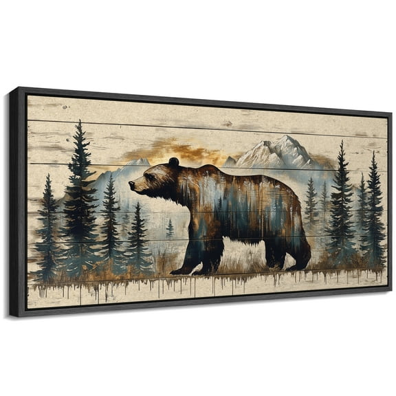 Large Framed Canvas Print Bear in Vintage Abstract Pine Forest Wall Art Decorative Ready to Hang Painting for Living room Bedroom - 60"x30" Black Frame