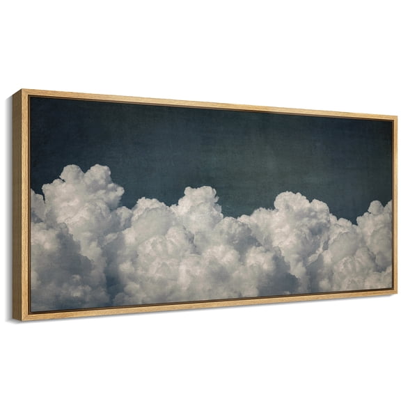 Large Framed Canvas Print Billowing White Clouds - Moody Atmospheric SkyWall Art Decorative Ready to Hang Painting for Living room Bedroom 60x30 inches Natural Frame