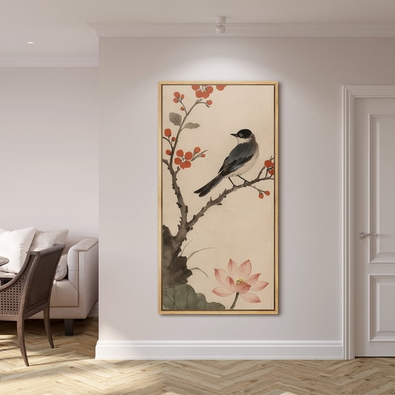 Large Framed Canvas Print Bird Floral Wall Art Japandi Decorative for Living room Bedroom - 60"x30" Natural Frame