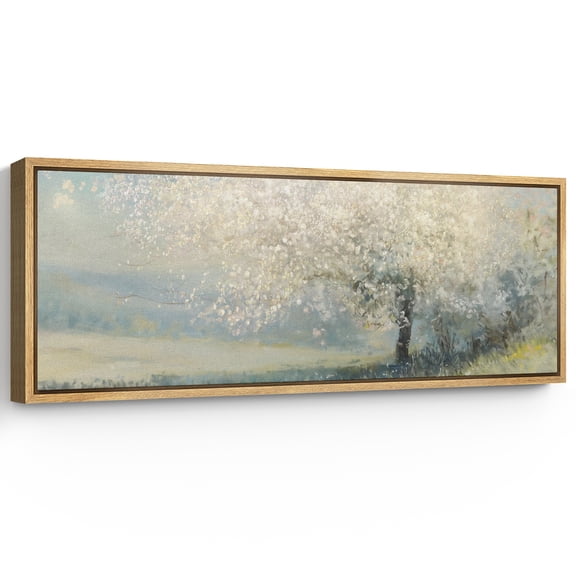 Large Framed Canvas Print Blooming Spring Tree in Pastel Tones - Impressionist NatureWall Art Decorative Ready to Hang Painting for Living room Bedroom 60x20 inches Natural Frame