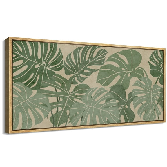 Large Framed Canvas Print Botanical Greenery Canvas Wall Art with Vintage Jungle Leaf PatternWall Art Decorative Ready to Hang Painting for Living room Bedroom 60x30 inches Natural Frame
